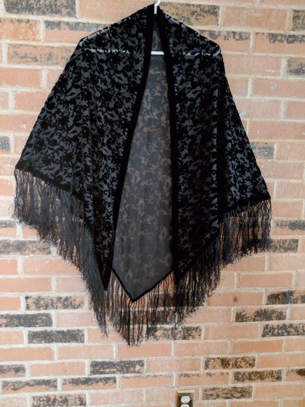 Vintage Black Velvet Burn Out Fringed Shawl